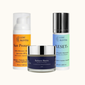 Luxe Mantra skincare trio: Sun Protect+ SPF 50, Reset+ moisturiser, and Radiance Mantra AHA cream